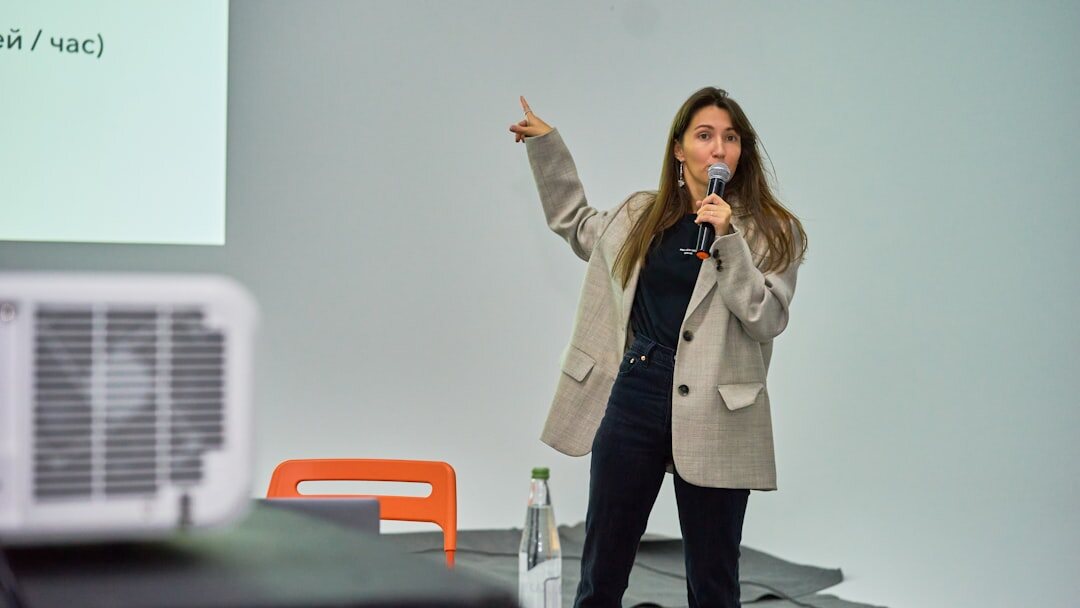confident speaker on stage